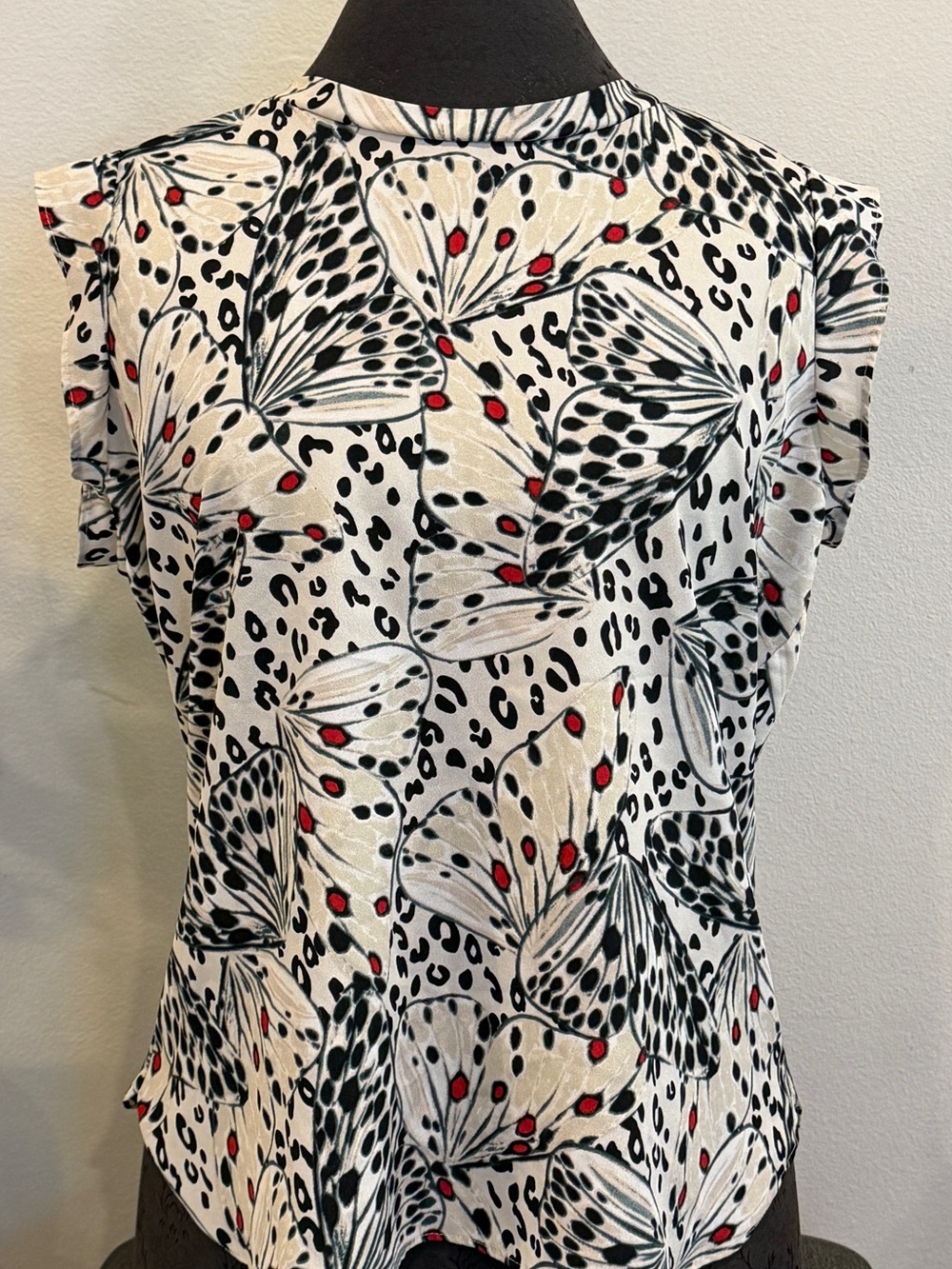DKNY Butterfly Print Cap-Sleeve Blouse - White/Black with Red Accents-Size Large